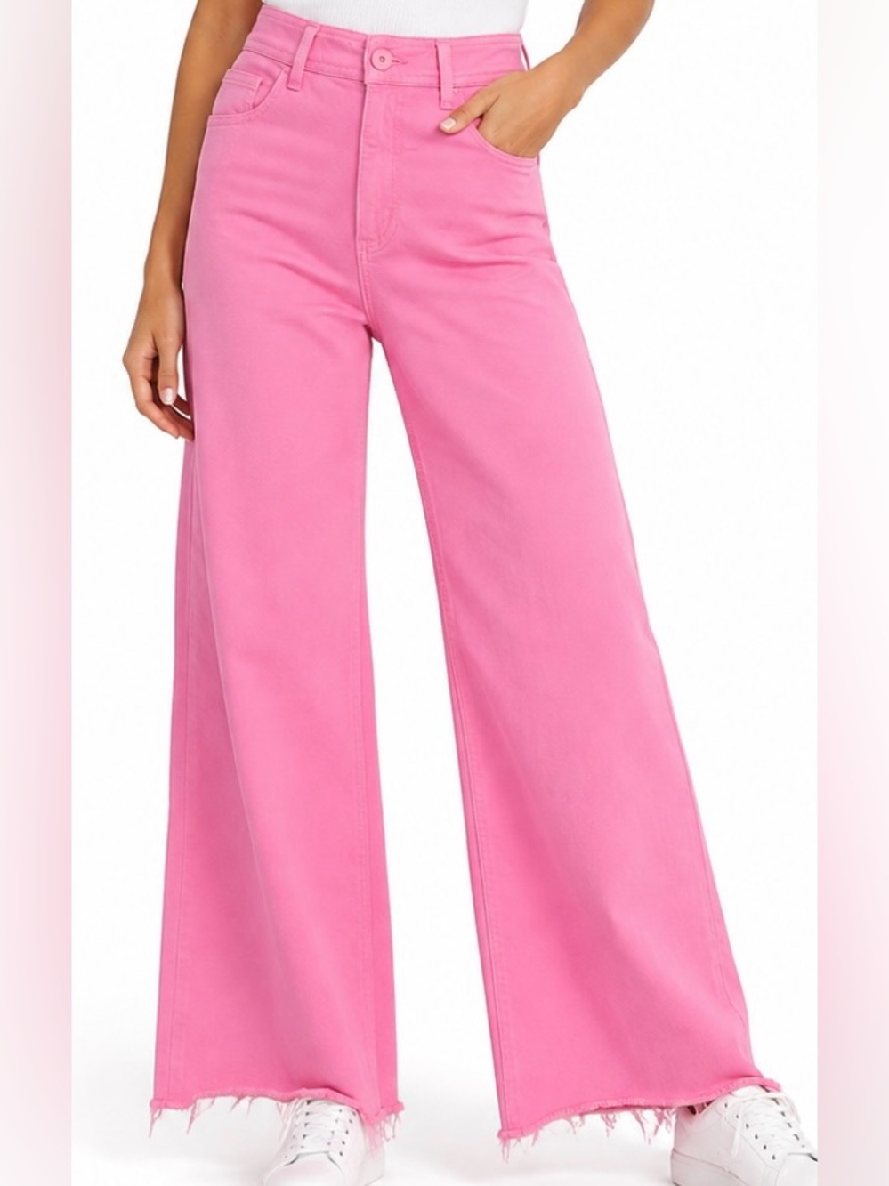 Zara Bubblegum Pink High Rise Wide Leg Jeans Raw Hem Patch Pockets Size 0